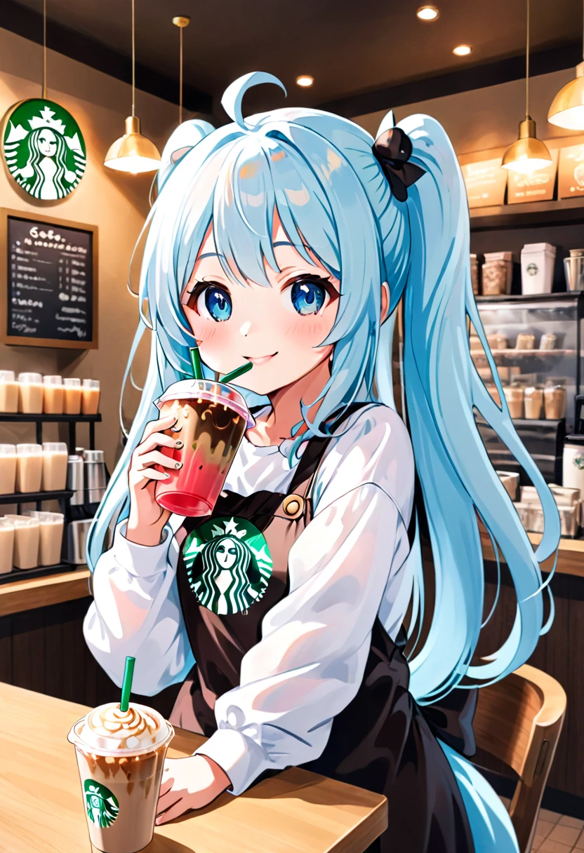 アニメのちびキャラ drinking starbucks coffee with a straw in her hand, A lively Starbucks interior、Light blue long hair、Twin-tailed anime chibi character、A cute anime chibi character with a bright smile,  (Anime Girls), Cute girl anime visuals, Mysterious Coffee Shop Girl, young Anime Girls, Beautiful anime art style, Anime illustration, beautiful Anime Girls, Drink strawberry iced latte