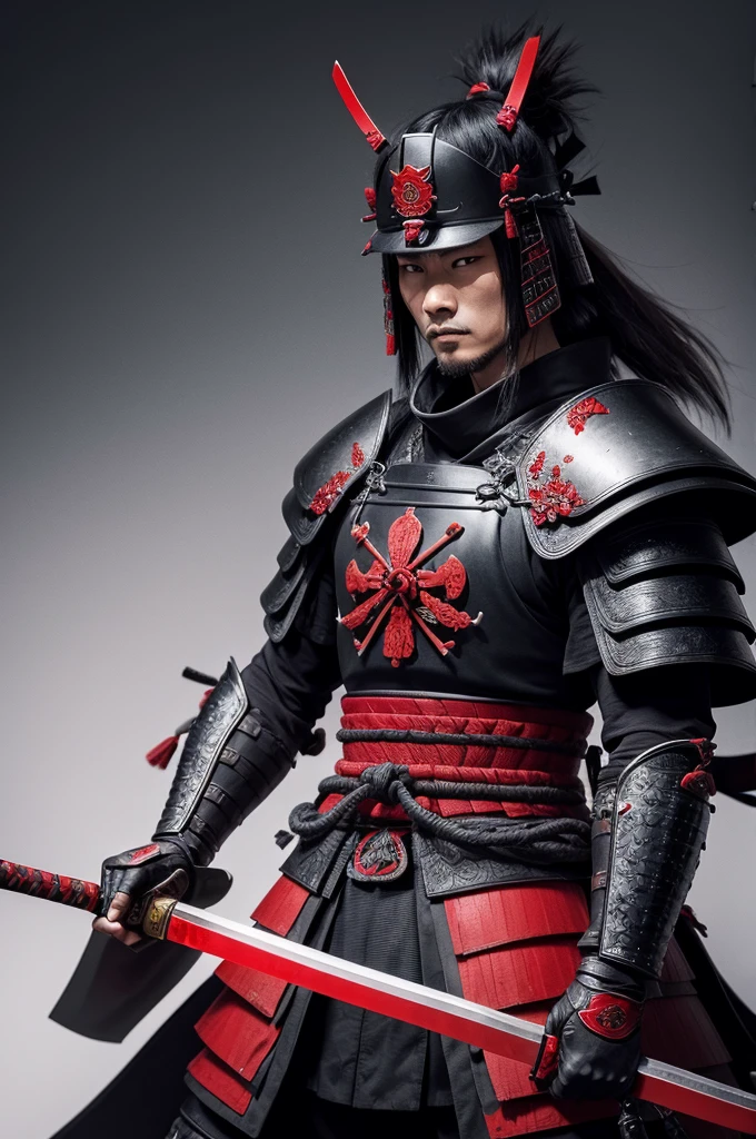 Samurai with black armor and red details with a bloody sword