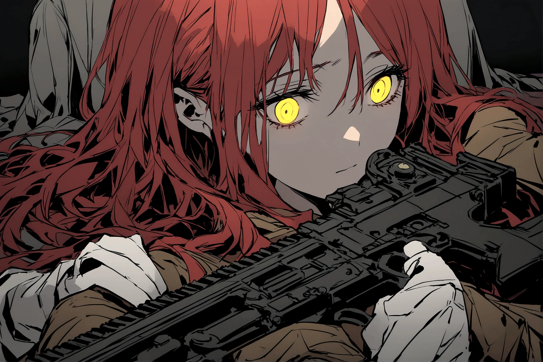 Red-haired girl, Yellow eyes, cold and dead eyes, holding a gun, met by a dead person with a machine gun 