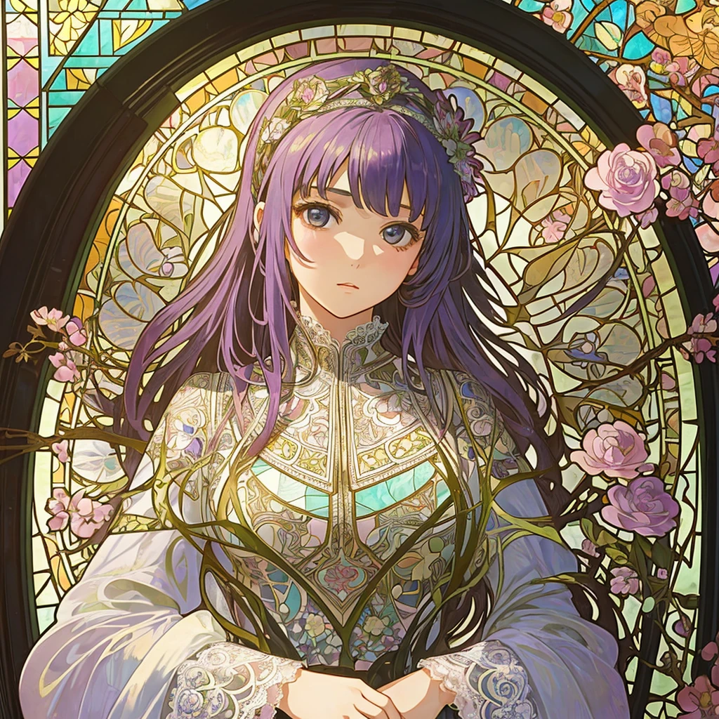 (((1 girl ))), masterpiece, highest quality, beautifully、aesthetic: 1.2, gem, Quality lace, Detailed frame, Flowers, leaf, A beautiful girl fits into the frame, (Alphonse Mucha Style), (beautiful stained glass background), light colorful hair, dreamy, looking back, Gothic Lolita