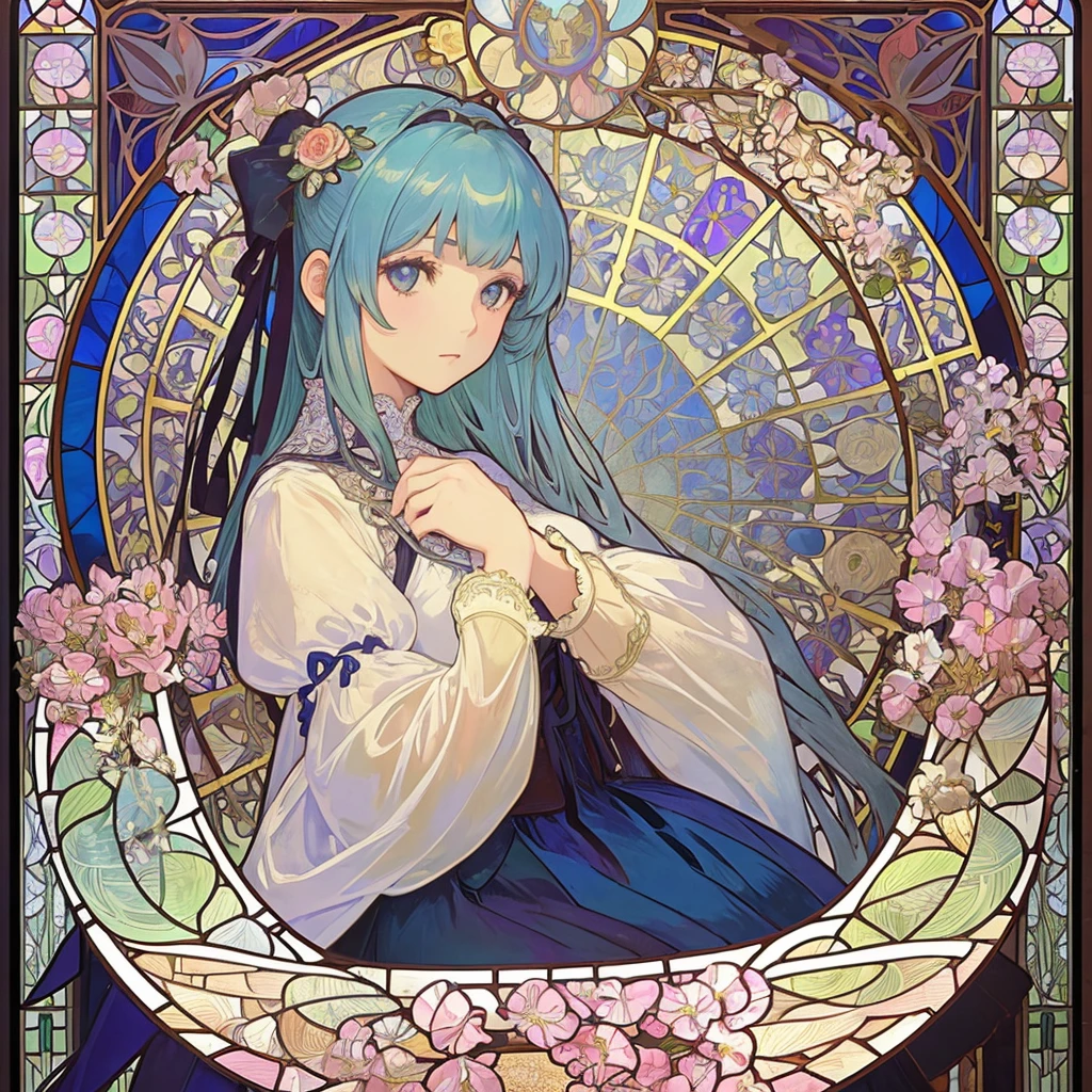 (((1 girl ))), masterpiece, highest quality, beautifully、aesthetic: 1.2, gem, Quality lace, Detailed frame, Flowers, leaf, A beautiful girl fits into the frame, (Alphonse Mucha Style), (beautiful stained glass background), light colorful hair, dreamy, looking back, Gothic Lolita