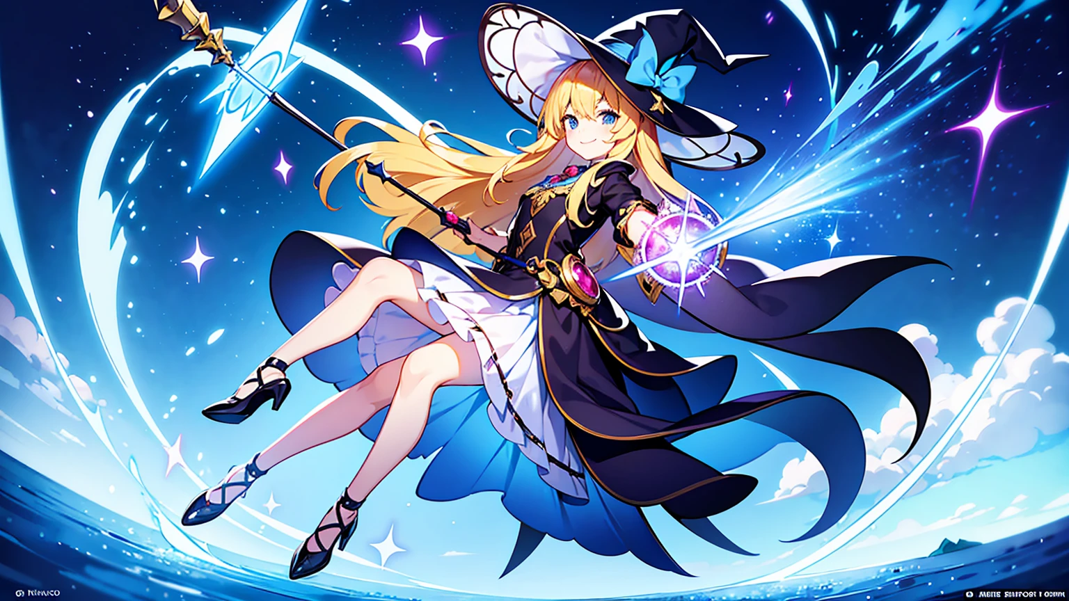 The image depicts a colorful fantasy-style artwork. In the center, there is a witch with blonde hair wearing a large hat, appearing as if she is dancing in mid-air. She is dressed in a classic witch attire, with a frilly white and black dress and black shoes. The witch is extending one hand forward, holding a magic wand in the other hand, smiling happily. In the background, blue magical light surrounds the witch, with yellow star motifs scattered around. Furthermore, on the right side, a small fairy-like character is depicted, dressed in red clothing, riding a miniature broomstick, appearing to shout about something. Overall, the image exudes a magical atmosphere filled with movement and vitality. It incorporates elements of character design found in anime and manga, appealing to fans of fantasy aesthetics.