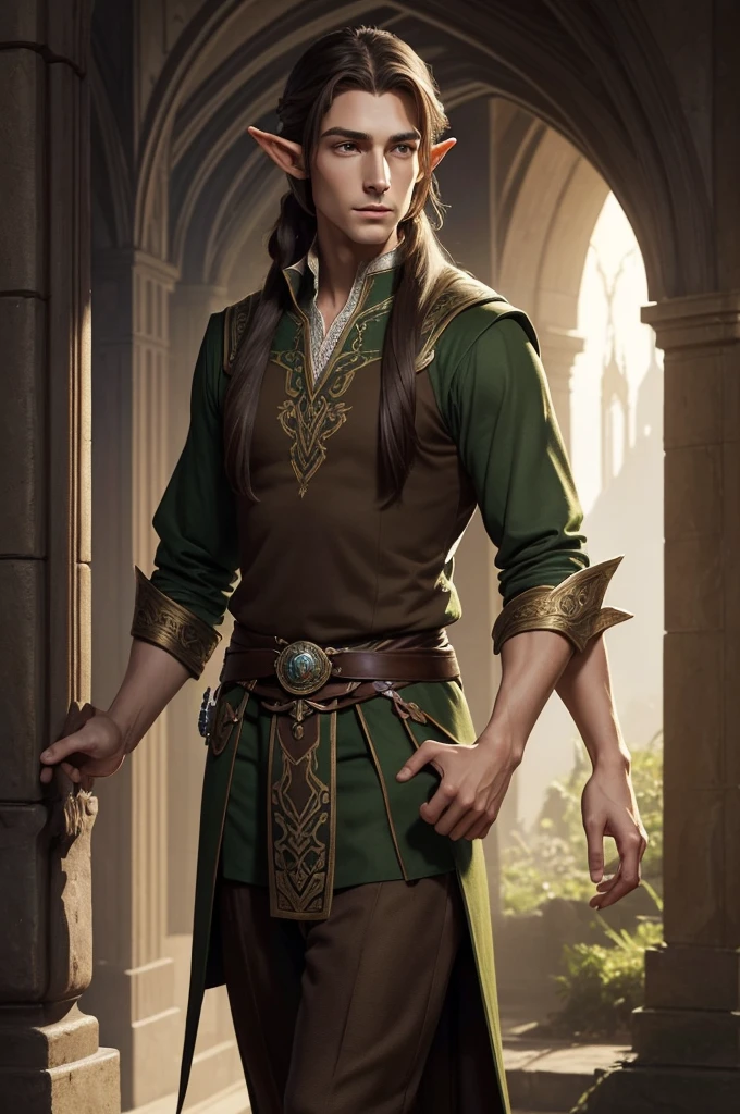 an elegant and personable half-elf, with a refined posture and delicate elven features inherited from his mother. His hair is long and brown, usually tied in a ponytail, and his eyes are a deep brown. He wears sophisticated clothes and always carries an air of mystery and knowledge. (digital art, fantasy art, RPG art)