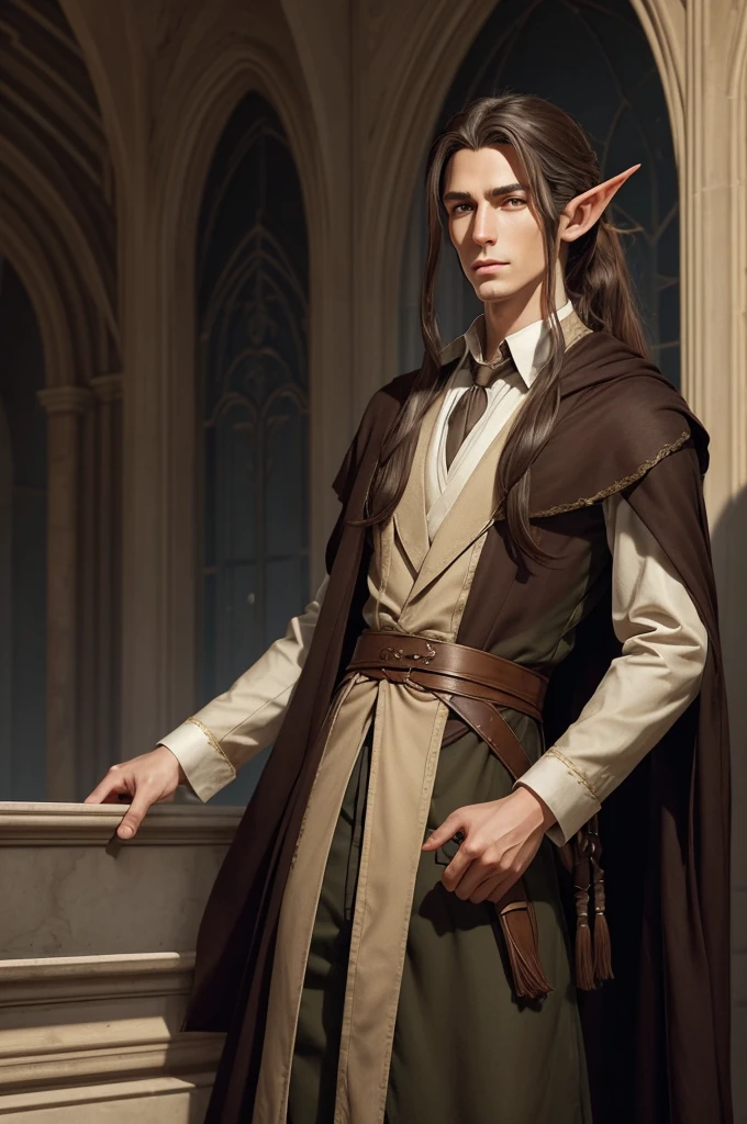 an elegant and personable half-elf, with a refined posture and delicate elven features inherited from his mother. His hair is long and brown, usually tied in a ponytail, and his eyes are a deep brown. He wears sophisticated clothes and always carries an air of mystery and knowledge. (digital art, fantasy art, RPG art)