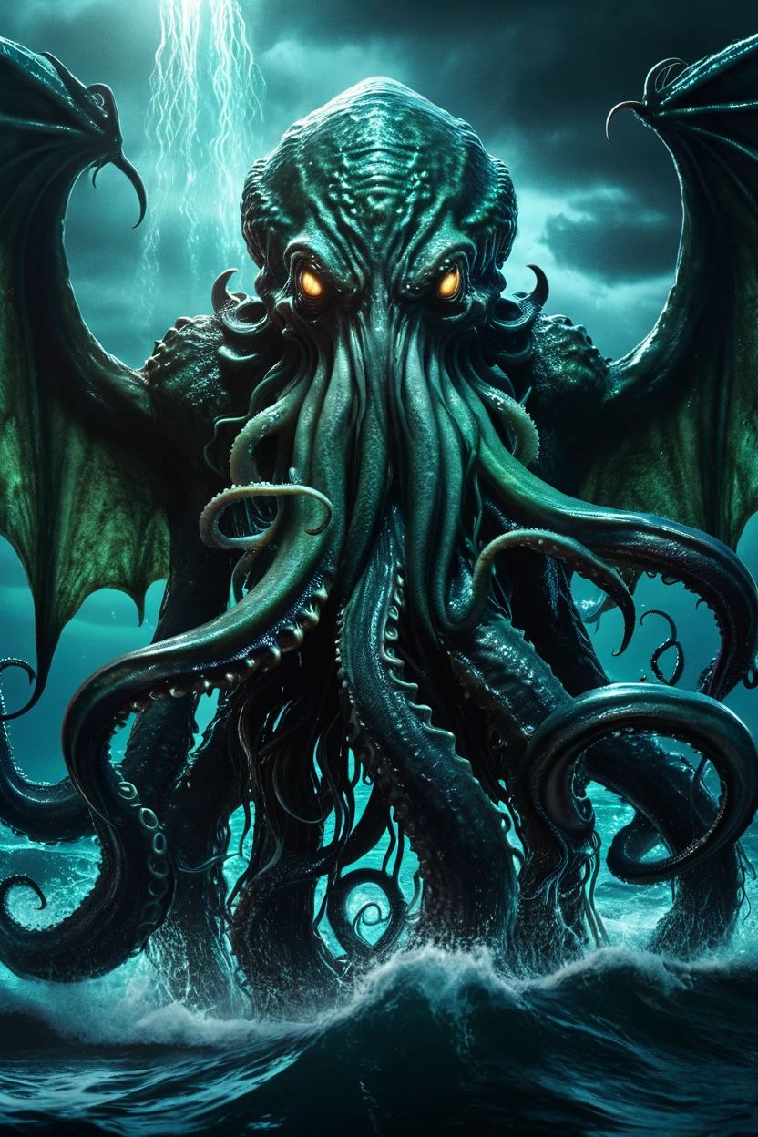 a horrifying elder creature, cthulhu from the works of hp lovecraft, massive otherworldly entity with tentacles,glowing eyes, wings, detailed anatomy, intricate textures, dark eldritch fantasy, chthonic horror,ominous atmosphere, moody lighting, dramatic shadows, deep ocean backdrop, highly detailed, cinematic composition, seamless integration, photorealistic, 8k, hyper detailed