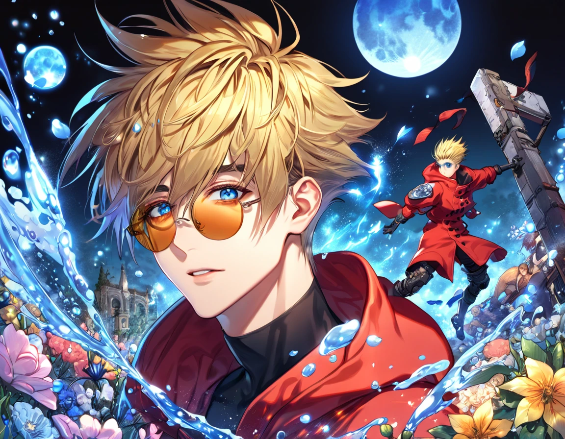 absurdres, highres, ultra detailed, HDR, master piece, Vash Stampede, blond hair, expressive blue eyes, amber round sunglasses, red coat with a hoddie, Trigun, sexy man, handsome, best quality, blue moon, flowers, fantasy, magical, solo, water, blue shining fireflies, black shirt, blue petals
