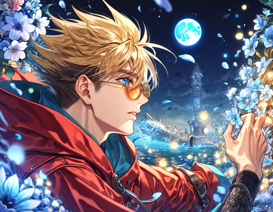 absurdres, highres, ultra detailed, HDR, master piece, Vash Stampede, blond hair, expressive blue eyes, amber round sunglasses, red coat with a hoddie, Trigun, sexy man, handsome, best quality, blue moon, flowers, fantasy, magical, solo, water, blue shining fireflies, black shirt, blue petals