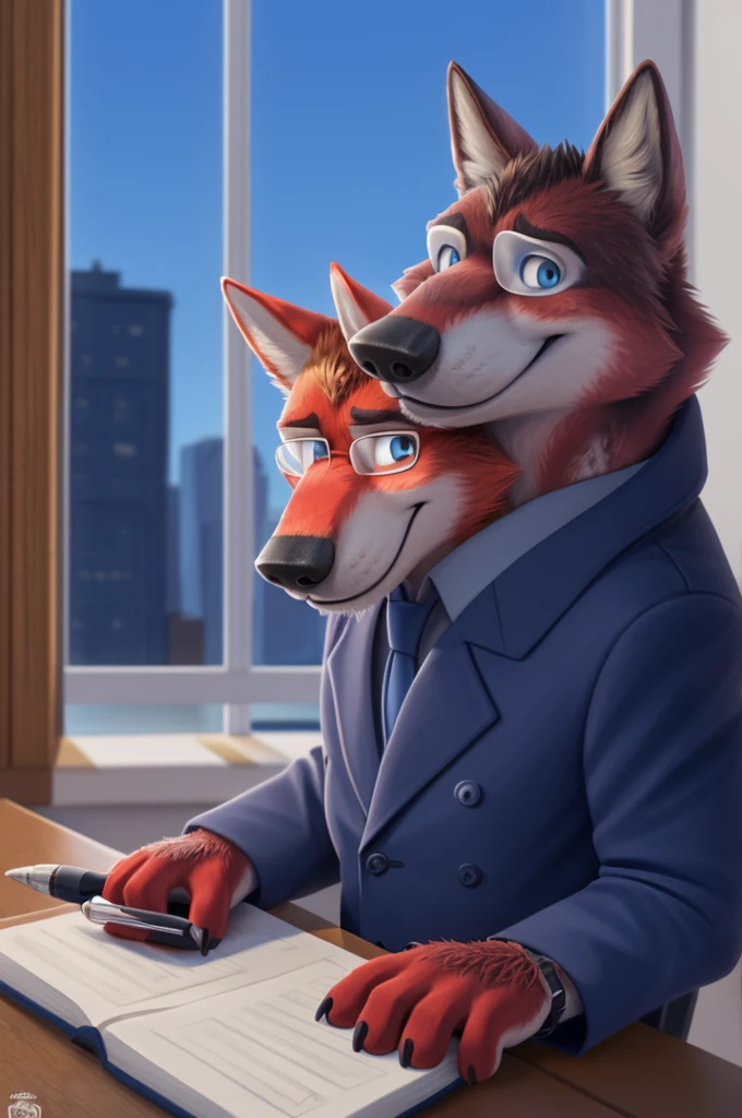 Ivan Fedorovich Wolfbach (Novosibirsk) ,tall handsome, wolf,young, 24 years, brown fur,Kind,(red body:1.3),beautiful blue eyes,Novosibirsk,dressed, black glasses,green shirt, red tie, blue trousers, , wolf, detailed fur, male,paw pads, finger claws,At the viewer, 5 fingers, paws, 5 fingers, smile, wrist watch, т nextel,by xenoforge, (difficult, high detail, digital photography, soft focus, RAW variety вкдущий передачи,Very close to the camera, variety,Novosibirsk, smile, good mood, positive, Very close to the camera, is sitting, poet of books, is sitting за компьютером столом, apartment, holding a pen,
Photorealism, realistic, digital style, Subsurface scattering,I look at the viewer,smdit writes a book, a glass of water, handle, paper,
masterpiece, Best quality, ultra realistic, 8 thousand.)