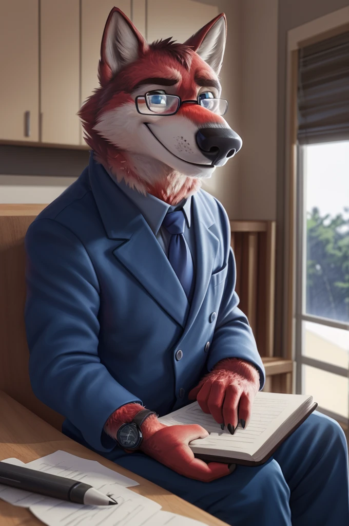 Ivan Fedorovich Wolfbach (Novosibirsk) ,tall handsome, wolf,young, 24 years, brown fur,Kind,(red body:1.3),beautiful blue eyes,Novosibirsk,dressed, black glasses,green shirt, red tie, blue trousers, , wolf, detailed fur, male,paw pads, finger claws,At the viewer, 5 fingers, paws, 5 fingers, smile, wrist watch, т nextel,by xenoforge, (difficult, high detail, digital photography, soft focus, RAW variety вкдущий передачи,Very close to the camera, variety,Novosibirsk, smile, good mood, positive, Very close to the camera, is sitting, poet of books, is sitting за компьютером столом, apartment, holding a pen,
Photorealism, realistic, digital style, Subsurface scattering,I look at the viewer,smdit writes a book, a glass of water, handle, paper,
masterpiece, Best quality, ultra realistic, 8 thousand.)