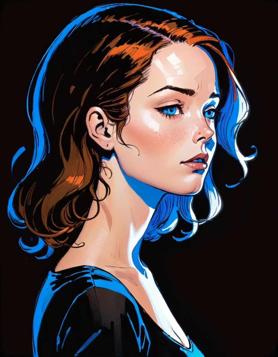in style of graphic novel , portrait,in style of Joelle Jones, UV light across face character, ink art, side view