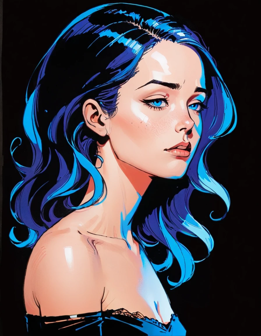 in style of graphic novel , portrait,in style of Joelle Jones, UV light across face character, ink art, side view