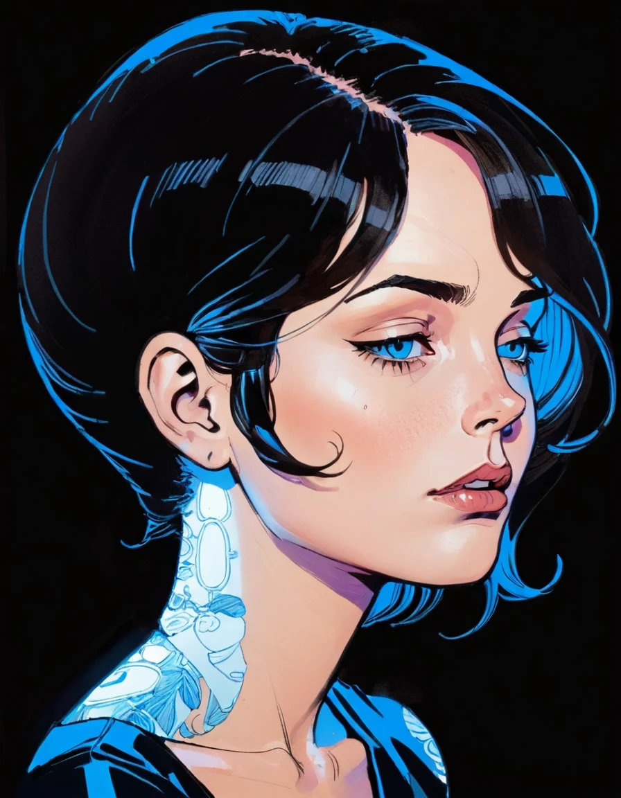 in style of graphic novel , portrait,in style of Joelle Jones, UV light across face character, ink art, side view