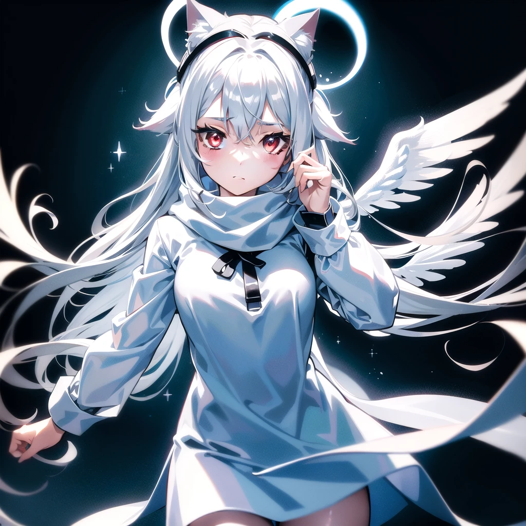 masterpiece, highest quality, highest resolution, clear_image, detailed details, White hair, long hair, cat ears, 1 girl, red eyes, white pantyhose, sci-fi military clothing, white scarf (white scarf around the neckwith a light blue glow), gray futuristic halo (gray halo over the head), white wings (4 wings), cute, no water marks, outer space