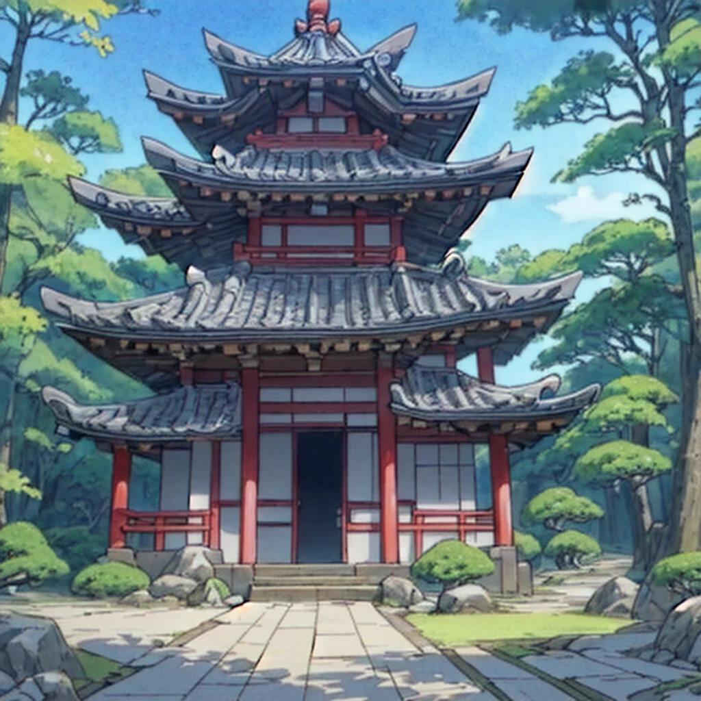 a cartoon of a pagoda in the middle of a forest, animated background, animated background art, temple background, zen temple background, background representing a temple, japanese temple, colorful anime movie background, japanese art style, anime movie background, animated landscape, Anime Beautiful Peace Scene, anime nature wallpaper, Japanese house, beautiful animated landscape, japanese temples