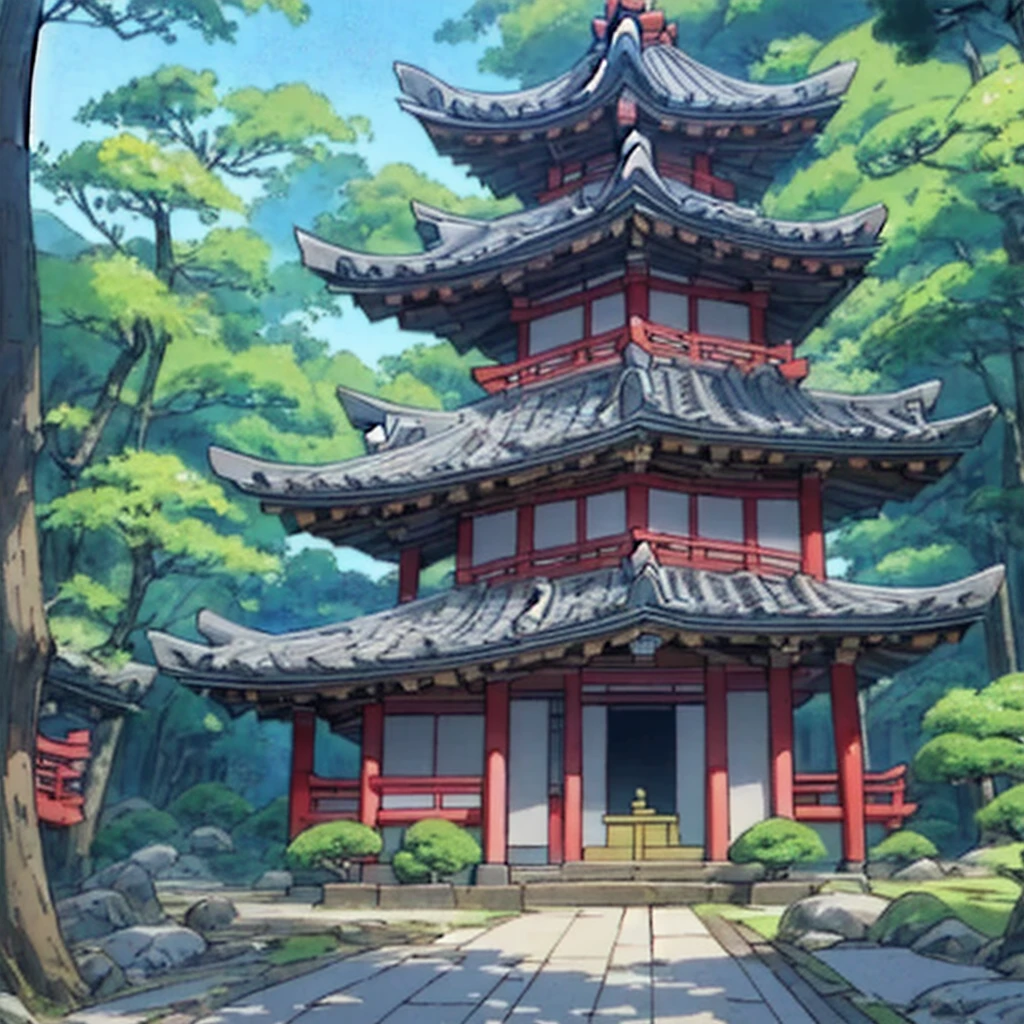 a cartoon of a pagoda in the middle of a forest, animated background, animated background art, temple background, zen temple background, background representing a temple, japanese temple, colorful anime movie background, japanese art style, anime movie background, animated landscape, Anime Beautiful Peace Scene, anime nature wallpaper, Japanese house, beautiful animated landscape, japanese temples