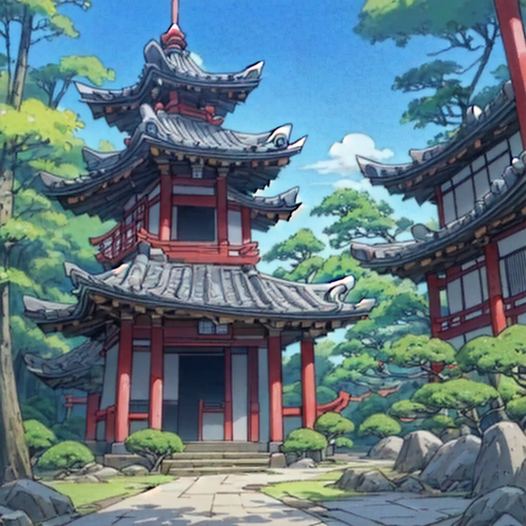 a cartoon of a pagoda in the middle of a forest, animated background, animated background art, temple background, zen temple background, background representing a temple, japanese temple, colorful anime movie background, japanese art style, anime movie background, animated landscape, Anime Beautiful Peace Scene, anime nature wallpaper, Japanese house, beautiful animated landscape, japanese temples