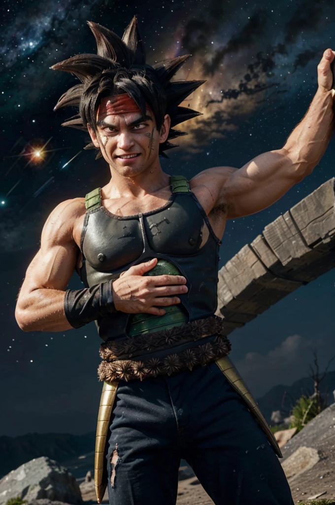 bardock, black eyes, black hair, spiky hair, headband, saiyan armor, pants, looking at viewer, serious, tired, grin, close up, 
space and stars background, arm raised, pointing at viewer, covered in blood, blood on face,  extreme detail, masterpiece,  