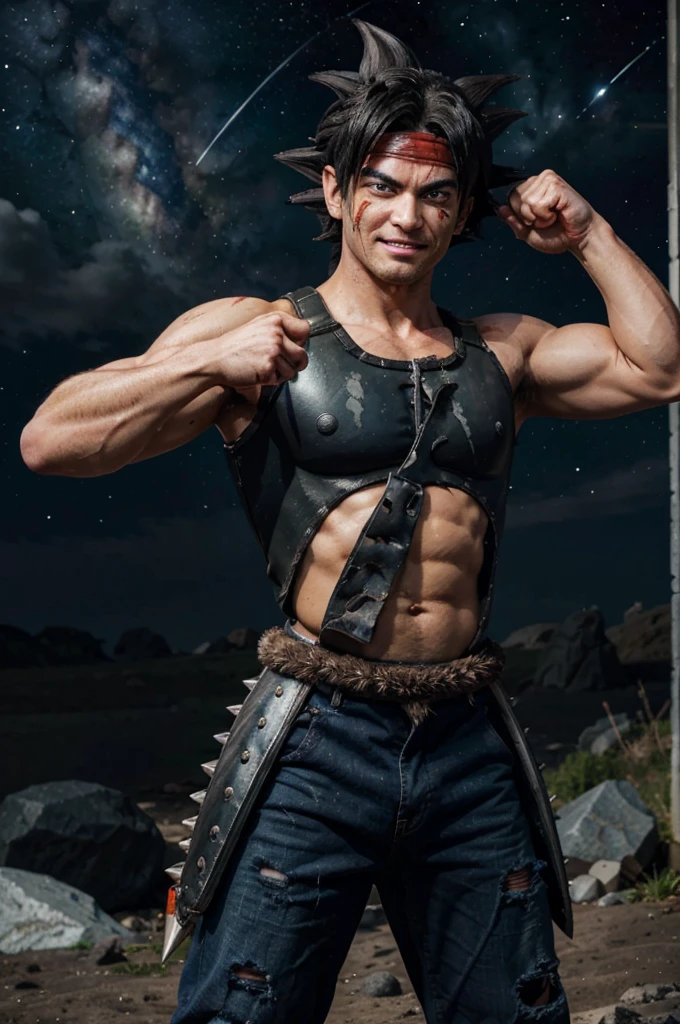 bardock, black eyes, black hair, spiky hair, headband, saiyan armor, pants, looking at viewer, serious, tired, grin, close up,
space and stars background, arm raised, pointing at viewer, covered in blood, blood on face, extreme detail, masterpiece,