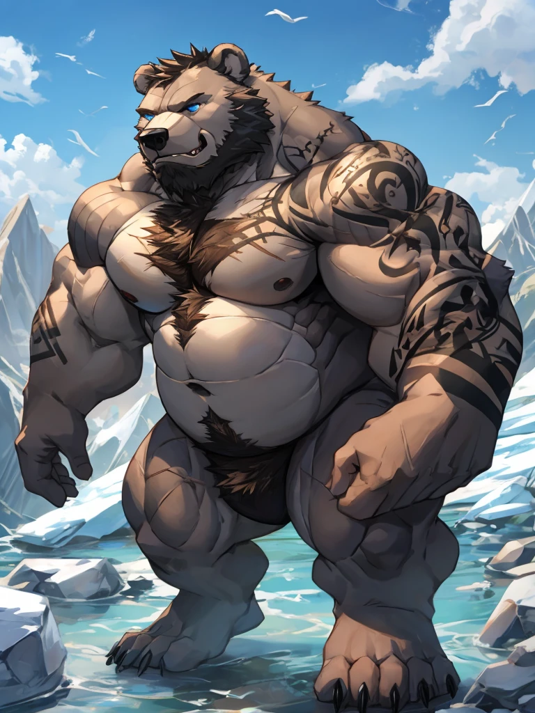 high definition, vivid colors, full body, solo, 1boy), nude, naked, (slit), (furry bear), grey bear, glacier bears, grey fur, gray skin, grey face, right arm and hand are of the dragonborn race, short-legged bodyvirile, fat, plump, chubby, hairy, hirsute, long hairy all over the body, realistic hand, realistic feet, scars all over my body, black tattoo, shoulder tattoo, chest tattoo, black tattoo heavy, sky blue eyes, Unhappy expression, unhappy eyes, sharp teeth, very long fangs