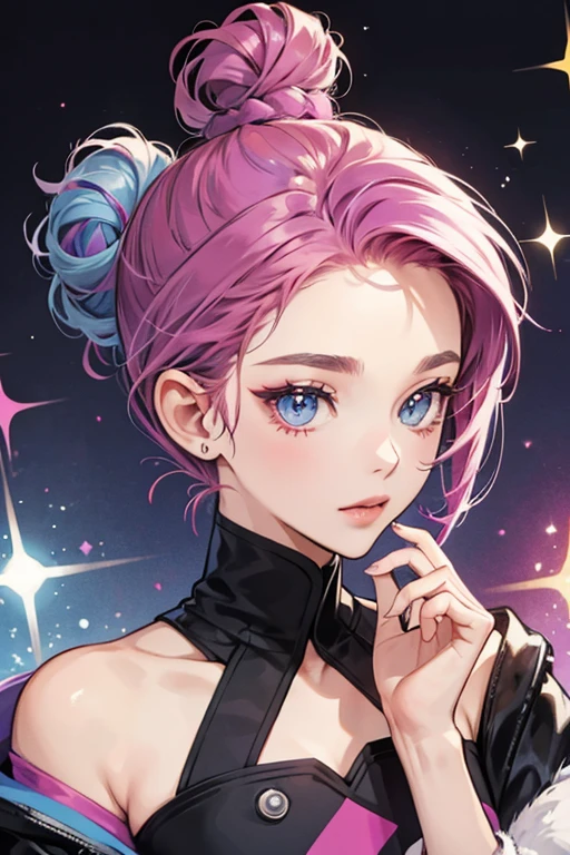 She has magenta hair styled into a bun at the back of her head. She has a small tuft of hair sticking out of the front. Her skin is a dark grey and her eyes are baby blue. SPARKLE; GLITTER