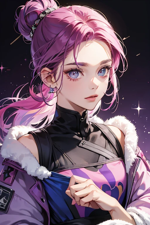 She has magenta hair styled into a bun at the back of her head. She has a small tuft of hair sticking out of the front. Her skin is a dark grey and her eyes are baby blue. SPARKLE; GLITTER
