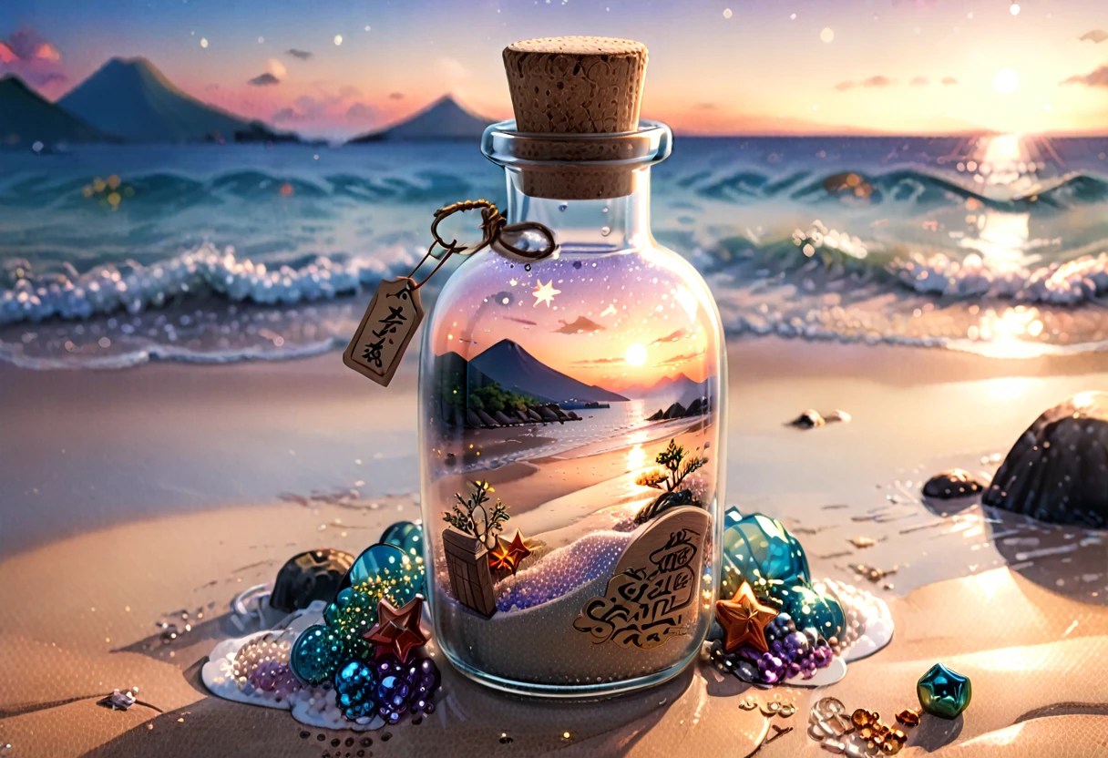a small glass bottle filled with star sand and sequins, sealed with a cork, japanese seaside souvenir, detailed glass bottle, intricate details, realistic lighting, photorealistic, highly detailed, 8k, masterpiece, studio lighting, bokeh, warm color tones, vibrant colors