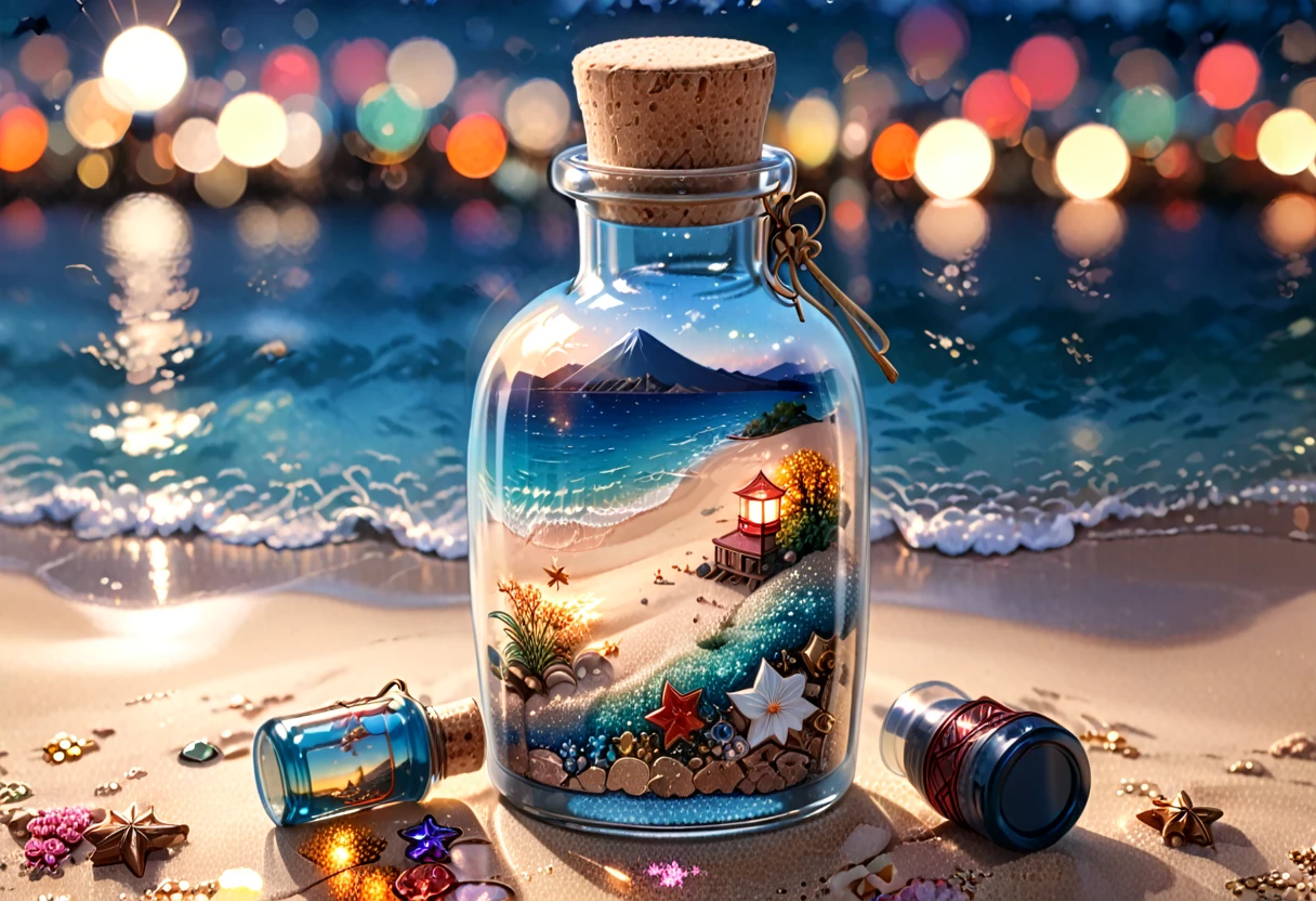 a small glass bottle filled with star sand and sequins, sealed with a cork, japanese seaside souvenir, detailed glass bottle, intricate details, realistic lighting, photorealistic, highly detailed, 8k, masterpiece, studio lighting, bokeh, warm color tones, vibrant colors