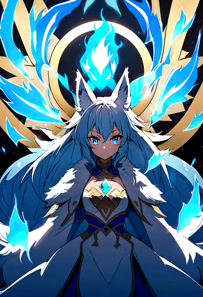 fox Light blue hair beast girl indigo fur fox beast girl Anime Style fox blue White-faced golden-haired nine-tailed fox Coat blue mysterious background Blue Flame girl have a ball of light fox Light blue hair beast girl indigo fur fox beast girl