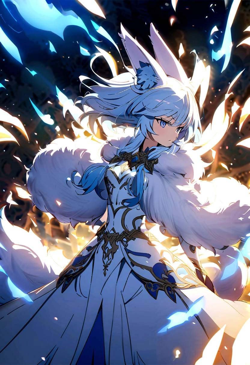 fox Light blue hair beast girl indigo fur fox beast girl Anime Style fox blue White-faced golden-haired nine-tailed fox Coat blue mysterious background Blue Flame girl have a ball of light fox Light blue hair beast girl indigo fur fox beast girl