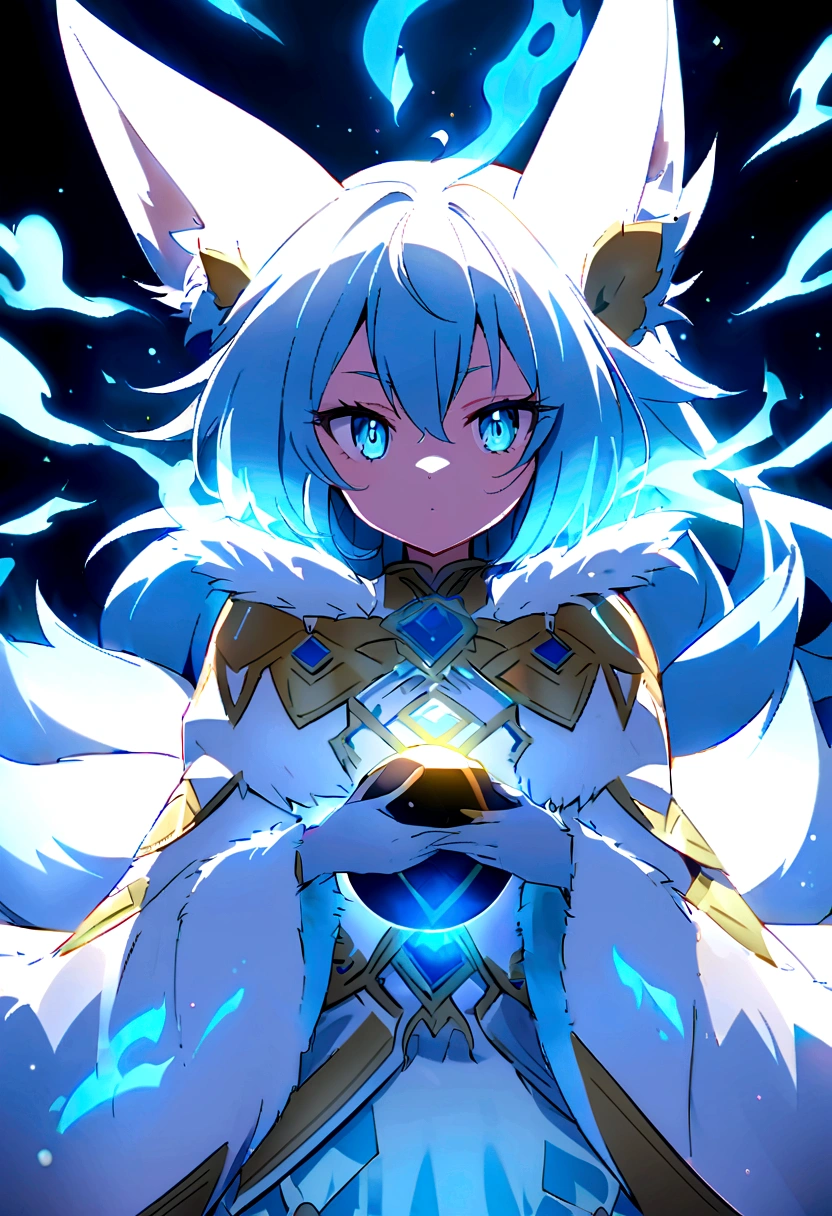 fox Light blue hair 　beast girl　indigo fur　fox beast girl　Anime Style　fox　blue　White-faced golden-haired nine-tailed fox　Coat blue　　　mysterious background　Blue Flame　girl　have a ball of light　fox Light blue hair 　beast girl　indigo fur　fox beast girl