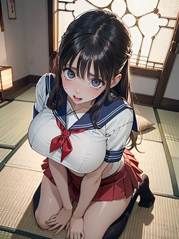 (8k, RAW photo, best quality, masterpiece, soft cinematic lighting, soft color:1.4),(POV,from above:1.5),(from below,ceiling:-0.0),( looking at camera:1.5),(beautiful eyes focus,Close-up beautiful eyes:1.5), (realistic:1.2), (dark old japanese room,yukaku,flower picture background:1.7), (solo, mature woman,19years old,super beautiful face,super detaild beautiful eyes :1.5), (sailor uniform,low-cut miniskirt:1.3),(show off nipple:0.5), (embarrassed,red Cheeks:1.25),long hair, {{slicked back hair}}, white blonde color hair, clean skin, (smaller butt:0.5),(coverd nipple:0.8),(sagging huge long wide heavy breasts,puffy areola:1.5),(under boob:1.7), (thick, curvy:1.3),(very skinny:1.5),(temptation pose:1.7),(open mouth:1.1),(kneeling:1.3),