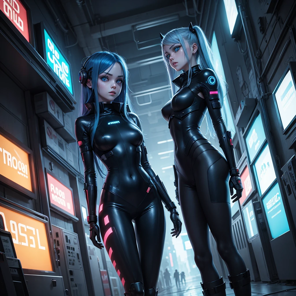 View from below, angle from below Girl Android mechanical prosthetics demonic gloomy with long blue hair woman with sexy hips half cyborg modification Beautiful sad girl blue eyes stands in full growth Anime Style black background Cyberpunk style, black background image of night black city and blue neon lights fluorescent lamps