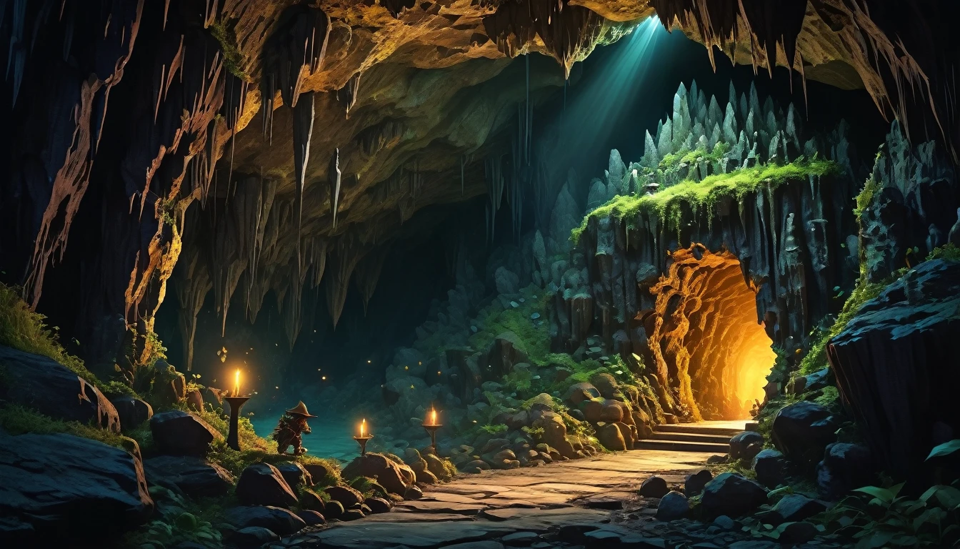 (anime, fantasy), (masterpiece, best quality, high resolution, depth of filed, HDR:1.2), (cave, stalagmite, goblin liar, small tunnel, isolated tunnel, dark tunnel: 1.5), blinding dark, vibrant colors, spooky, enchanted, goblin totem, black magic atmosphere, extremely detailed, intricate, delicate, dark fantasy, no lighting, 8k, high quality