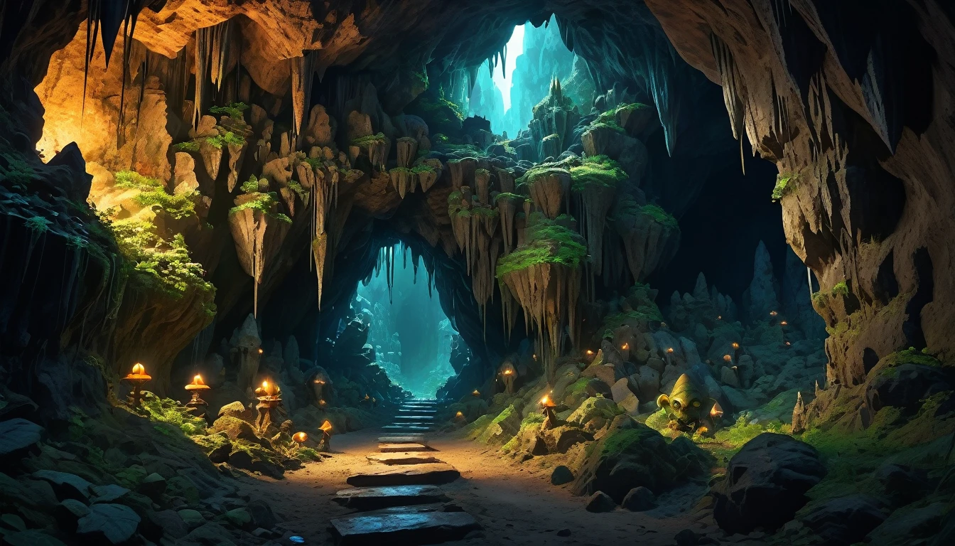 (anime, fantasy), (masterpiece, best quality, high resolution, depth of filed, HDR:1.2), (cave, stalagmite, goblin liar, small tunnel, isolated tunnel, dark tunnel: 1.5), blinding dark, vibrant colors, spooky, enchanted, goblin totem, black magic atmosphere, extremely detailed, intricate, delicate, dark fantasy, no lighting, 8k, high quality