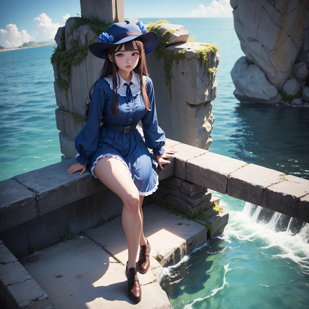 Anime girl in a blue dress and hat sits on a ledge, splash art anime , I'll do fanart too, flirty anime witch casting magic, trending on artstation pixiv, Ayaka Genshin Impact, fantasy art style, Mechanized Witch, astral witch clothes, Kushart Krenz Kay Art for women, High quality detailed 8K graphics