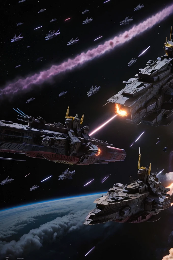 a space battle in a nebula between starships with a giant metal moon looming in the background, masterpiece, best, photo realistic space battle, explosions, ship wreckage, epic space battle