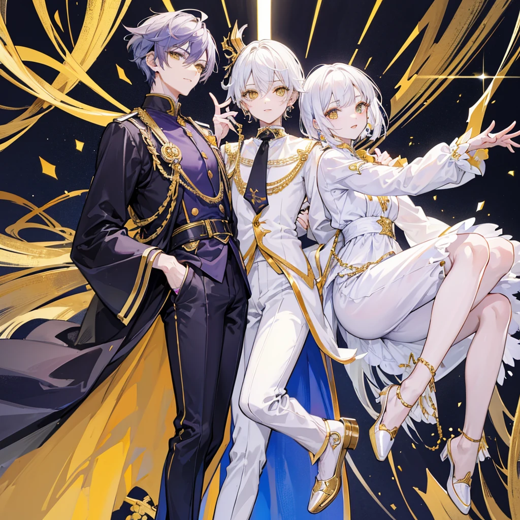 Character OC design, the same person multi-angle painting, multi-angle painting, the theme color is violet, the best picture quality, boy, tall and thin, long legs, handsome, white skin, clothes in white and black colors, gold embroidery on trousers, crystal earrings long earrings, short hair, hair pulled into a small ponytail, thoughtful, intellectual, handsome, detailed face, beautiful eyes, beautiful lips, yellow eyes, detailed clothes, many small details, smiles, sharp teeth, the background is pure white, simple background, bright colors, bright eyes, men's black patent leather shoes, gold cufflinks, thin gold chains on trousers,detailed face, super detailed face, high quality, extremely detailed, (Male characters:1.2),(Boy:1.2), ((Character design)),(Different expressions for the same character:0.8),Pubic area is clear,hyper HD