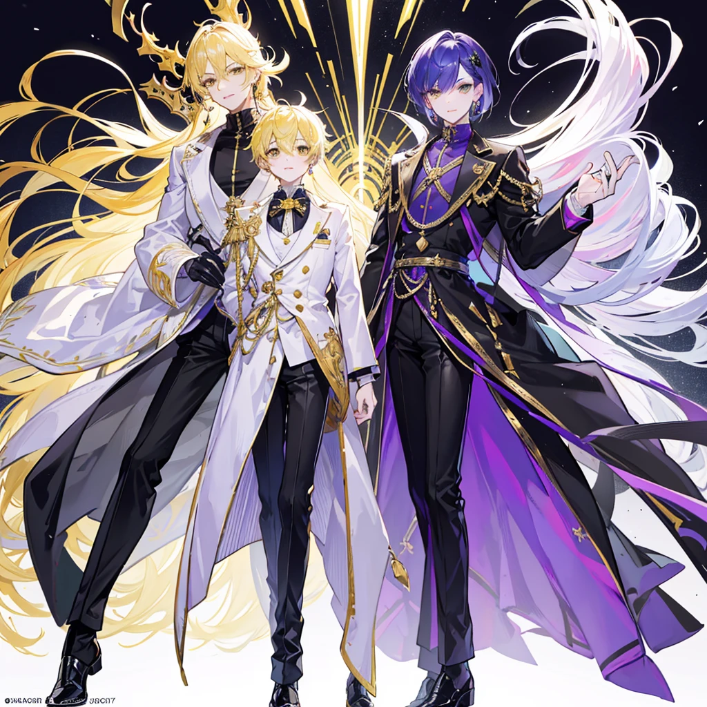 Character OC design, the same person multi-angle painting, multi-angle painting, the theme color is violet, the best picture quality, boy, tall and thin, long legs, handsome, white skin, clothes in white and black colors, gold embroidery on trousers, crystal earrings long earrings, short hair, hair pulled into a small ponytail, thoughtful, intellectual, handsome, detailed face, beautiful eyes, beautiful lips, yellow eyes, detailed clothes, many small details, smiles, sharp teeth, the background is pure white, simple background, bright colors, bright eyes, men's black patent leather shoes, gold cufflinks, thin gold chains on trousers,detailed face, super detailed face, high quality, extremely detailed, （Male characters:1.2),(Boy:1.2), ((Character design)),(Different expressions for the same character:0.8),Pubic area is clear,hyper HD