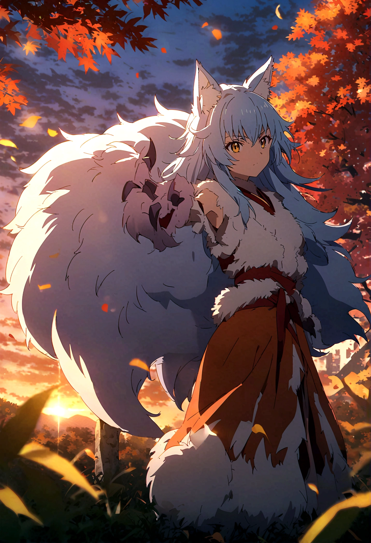 fox Light blue hair beast girl indigo fur fox beast girl fox Light blue hair beast girl indigo fur fox beast girl Sesshomaru, Yellow eyes, Anime, Perfect face, Perfect Lighting, Outdoors, Warm colors, Dark purple sky, Autumn sunset, \(inuyasha\), Bearing Claw, Ready to fightPerfect Lighting, Outdoors, Warm colors, Dark purple sky, Autumn sunset, fox Light blue hair beast girl indigo fur fox beast girl