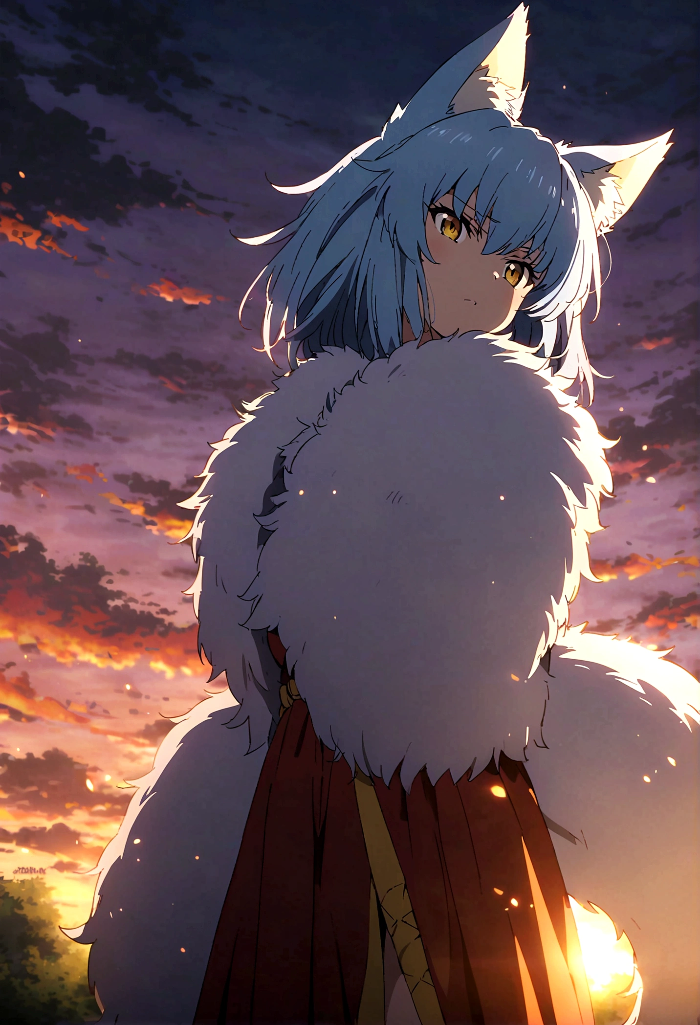 fox Light blue hair 　beast girl　indigo fur　fox beast girl　fox Light blue hair 　beast girl　indigo fur　fox beast girl　Sesshomaru, Yellow eyes, Anime, Perfect face, Perfect Lighting, Outdoors, Warm colors, Dark purple sky, Autumn sunset, \(inuyasha\), Bearing Claw, Ready to fightPerfect Lighting, Outdoors, Warm colors, Dark purple sky, Autumn sunset, fox Light blue hair 　beast girl　indigo fur　fox beast girl