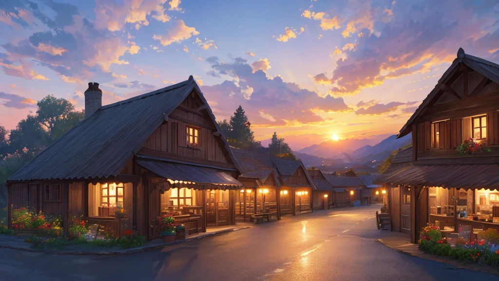 a masterpiece countryside village store, beautiful sunset, glowing sky, detailed landscape, realistic, photorealistic, photo-realistic:1.37, best quality,4k,8k,highres,masterpiece:1.2,ultra-detailed,vivid colors,,professional