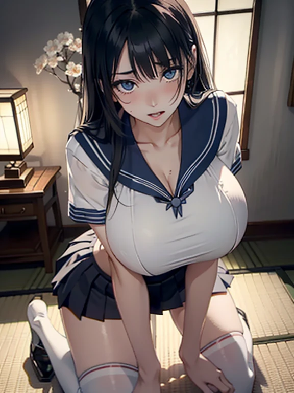 (8k, RAW photo, best quality, masterpiece, soft cinematic lighting, soft color:1.4),(POV,from above:1.5),(from below,ceiling:-0.0),( looking at camera:1.5),(beautiful eyes focus,Close-up beautiful eyes:1.5), (realistic:1.2), (dark old japanese room,yukaku,flower picture background:1.7), (solo, mature woman,19years old,super beautiful face,super detaild beautiful eyes :1.5), (sailor uniform,low-cut miniskirt:1.3),(show off nipple:0.5), (embarrassed,red Cheeks:1.25),long hair, {{slicked back hair}}, white blonde color hair, clean skin, (smaller butt:0.5),(coverd nipple:0.8),(sagging huge long wide heavy breasts,puffy areola:1.5),(under boob:1.7), (thick, curvy:1.3),(very skinny:1.5),(temptation pose:1.7),(open mouth:1.1),(kneeling:1.3),