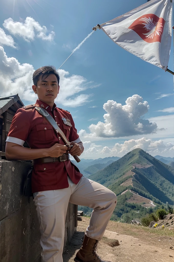 best quality, super detail, super realistic, ultra high resolution, the best masterpiece,handsome Indonesian man, in the uniform of a TNI soldier, is holding a red and white flag, it says HUT RI, on top of the mountain , bright cloud background