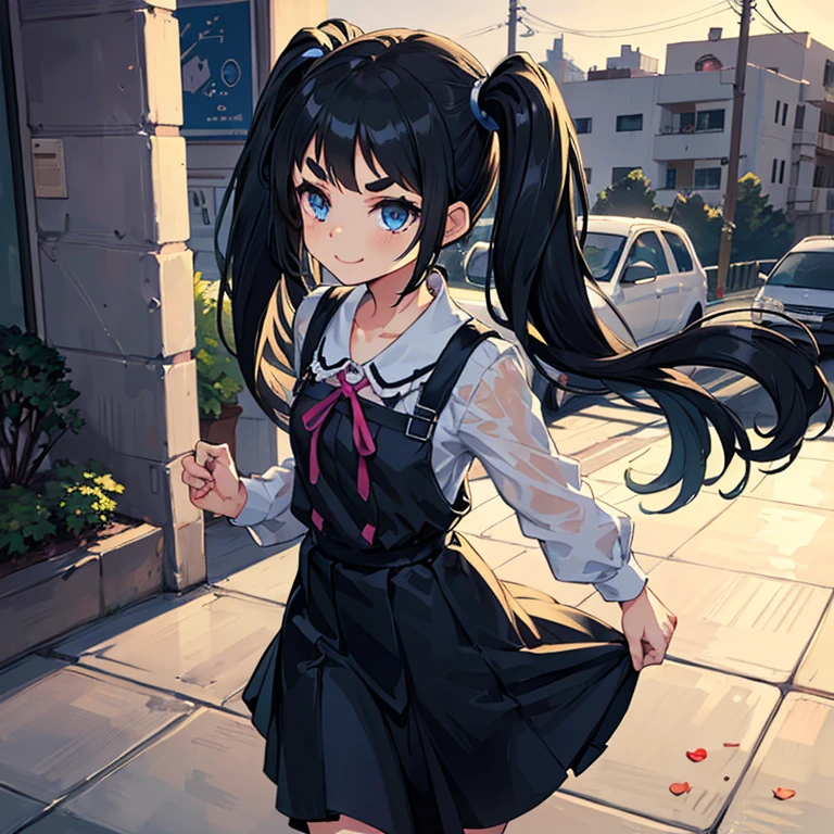 Young girl with black hair, long twintail, twintail hairstyle, (blue eyes),, ((small bushy eyebrows)), wearing gothic ta clothing, loli, walking to school, flirty smile, , lifting her skirt to show her vagina wet with semen