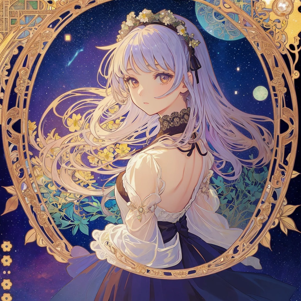 (((1 girl ))), masterpiece, highest quality, beautifully、aesthetic: 1.2, gem, Quality lace, Detailed frame, Flowers, leaf, A beautiful girl fits into the frame, (Alphonse Mucha Style), (beautiful starry sky background),  light colorful hair, dreamy, looking back, Gothic Lolita