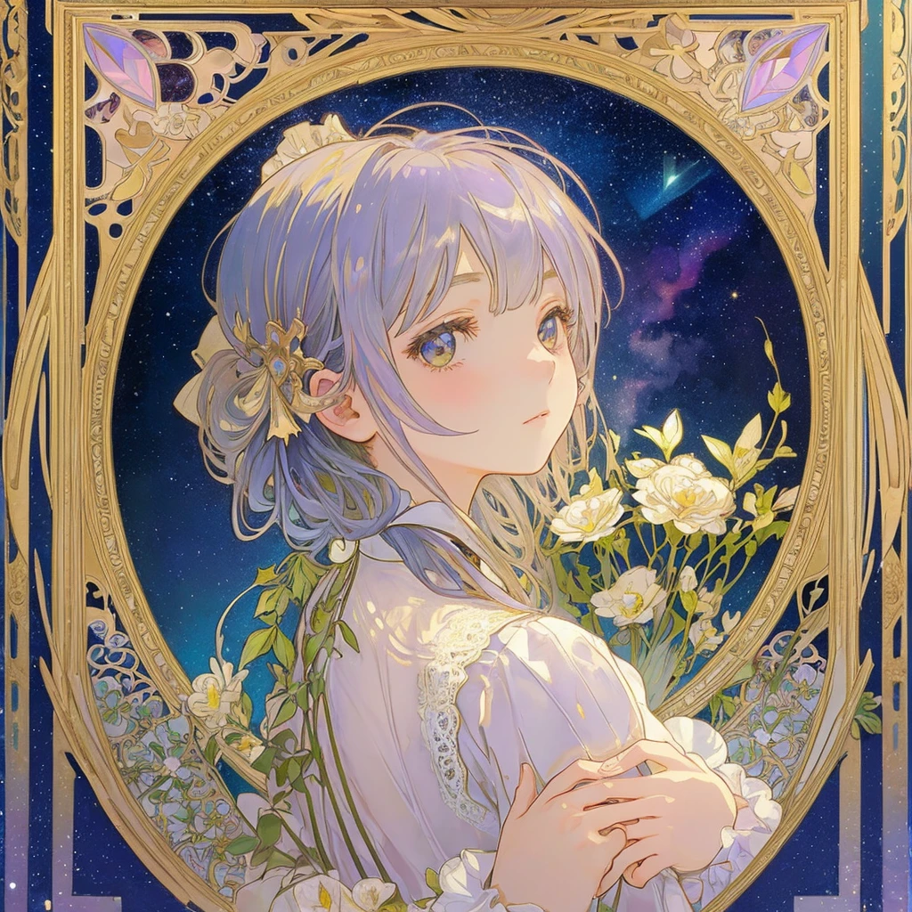 (((1 girl ))), masterpiece, highest quality, beautifully、aesthetic: 1.2, gem, Quality lace, Detailed frame, Flowers, leaf, A beautiful girl fits into the frame, (Alphonse Mucha Style), (beautiful starry sky background), light colorful hair, dreamy, looking back, Gothic Lolita