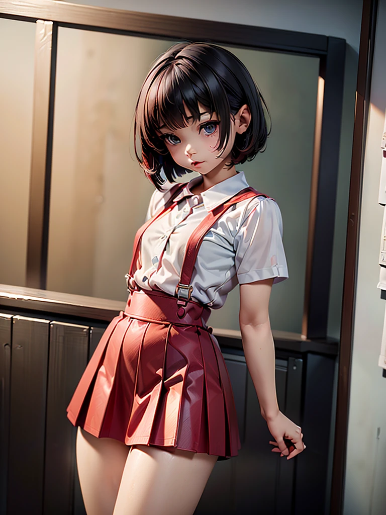 (masterpiece、high quality、High resolution、delicate、detailed:1.3)、(10-year-old elementary school girl:1.2)、White shirt、Large Breasts、Red suspender mini skirt、Bobcut、