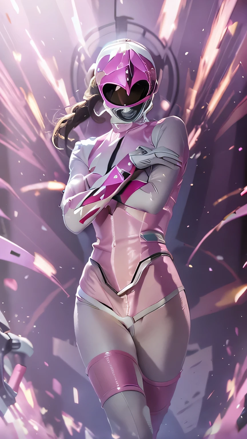 (best image quality:1.2), (super high resolution:1.2), (fidelity:1.4), 1 woman, 18 year-old, despair, f/2.8, 135mm, Nikon, masterpiece, anatomically correct, high details, best quality, HD, 4K, 8k, (pink ranger helmet on:1.5),(not showing hair:1.4)