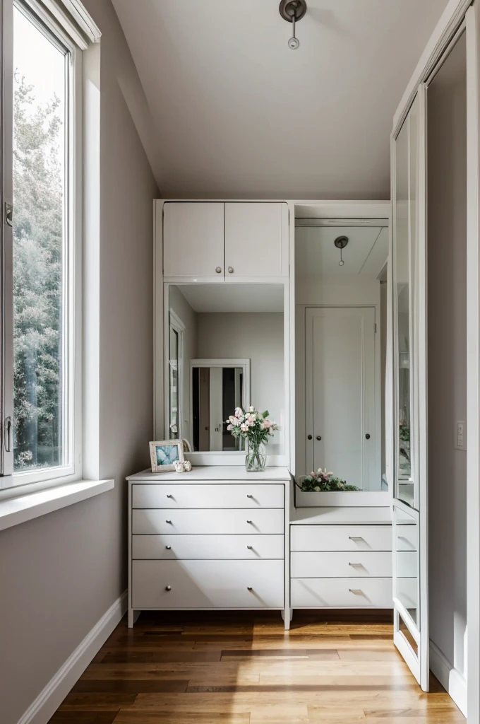 a room with a glass window a big soft black bed with a teddy bear,un closet ,a white dresser and a television and a large mirror
