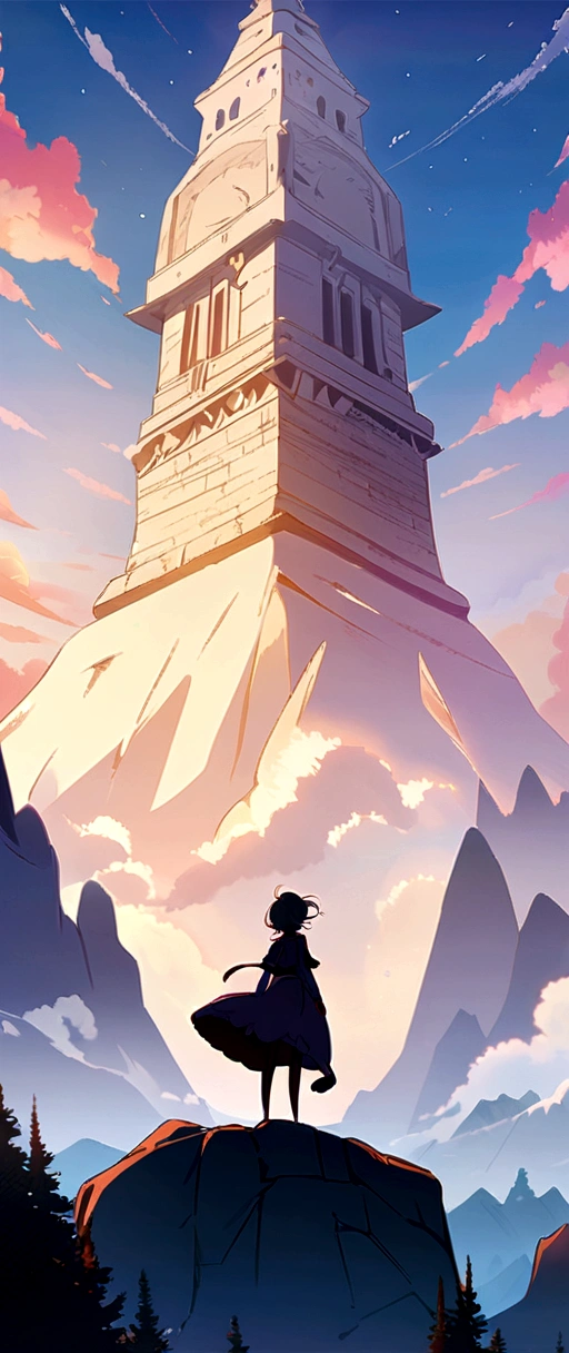 real girl sitting on a rock looking at the sky,a tower that pierces the sky very, very far, makoto shinkai cyril rolando, anime art wallpaper 4k, anime art wallpaper 4k, cyril rolando and goro fujita, anime art wallpaper 8K, 4k anime wallpaper, 4k anime wallpaper, 4k anime wallpaper, ( ( Makoto Shinkai ) ), Makoto Shinkai!